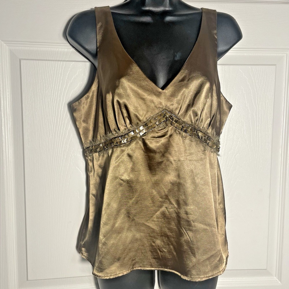 Vintage‎ Y2K Pierre Cardin Shirt Women Large Brown Babydoll Tank Glam Top Sequin